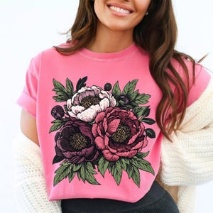 Comfort Colors® Vintage Linocut Peony Shirt,  Cottagecore Boho Shirt, Block Print Peonies Shirt, Ranunculus Woodcut Tee, Botanical Shirt