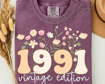 Camiseta Comfort Colors® para 35.º cumpleaños, vintage de 1991, regalo para mujer, para amigas que cumplen 35 años, retro con estampado floral.