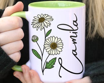 Taza con nombre de abril, taza personalizada con flor de nacimiento, taza floral para hermana, regalo para mamá, regalo para hija, regalo para mejor amiga