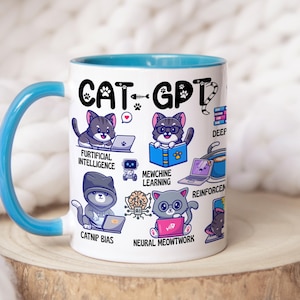 Może przedstawiać: Biały ceramiczny kubek z turkusowym wnętrzem i uchwytem. Kubek zawiera napis "CAT-GPT" z ilustracjami kreskówkowych kotów używających laptopów i książek. Ilustracje zawierają terminy "Furtificial Intelligence" i "Neural Meowtwork".