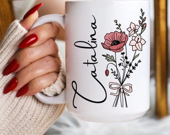August Birthday Name Mug, Personalized Coquette Birth Flower Mug, Floral Sister Mug, Gift For Mom, Gift For Daughter, Gladiolus Mug, Poppy