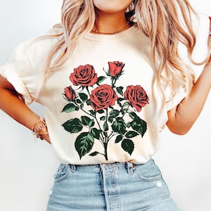 Comfort Colors® Roses Linocut Shirt, Vintage Boho Rose Tee, Cottagecore Vintage Rose, June Birthday Gift, June Birthday, vintage rose shirt