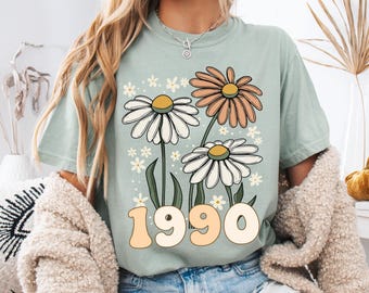 Camiseta Comfort Colors® para 35.º cumpleaños, vintage de 1990, regalo para mujer, para amigas que cumplen 35 años, retro con estampado floral.
