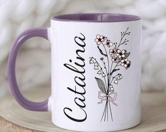 Juni geboortebloem mok wilde bloem, gepersonaliseerde lelietje-van-dalenbeker, mok met eerste naam, aangepaste meidoornmok, geboortemaand, mok Moederdag