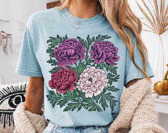 Camisa linograbada con peonías Comfort Colors®, camisa linograbada con flores, camisa con flores silvestres estilo cottagecore, camiseta bohemia vintage con peonías, regalo de cumpleaños de noviembre