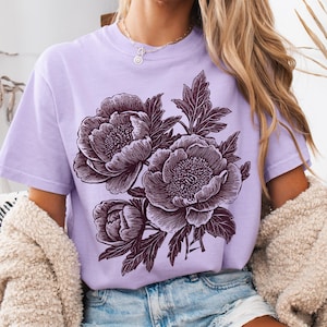 Comfort Colors® Vintage Linocut Peony Shirt,  Cottagecore Boho Shirt, Block Print Peonies Shirt, Ranunculus Woodcut Tee, Botanical Shirt