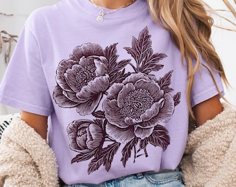 Camisa de peonías vintage con linograbado Comfort Colors®, camisa bohemia estilo cottagecore, camisa de peonías con estampado de bloques, camiseta con xilografía de ranúnculos, camisa botánica