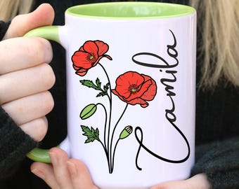 August Birthday Name Mug, Personalized Coquette Birth Flower Mug, Floral Sister Mug, Gift For Mom, Gift For Daughter, Best Friend Gift Mug