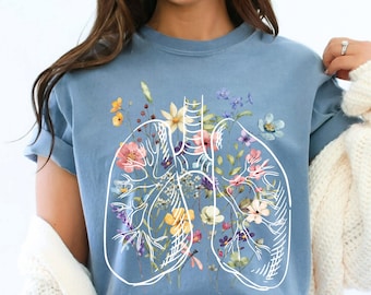 Camiseta con diseño floral de pulmones, camiseta de terapeuta respiratorio, camiseta de respiración, enfermera de UCI, enfermera pulmonar, cirugía pulmonar, UCIN, camiseta anatómica de pulmón