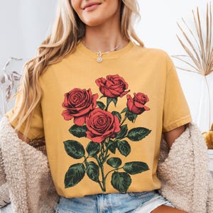 Comfort Colors® Roses Linocut Shirt, Vintage Boho Rose Tee, Cottagecore Vintage Rose, June Birthday Gift, June Birthday, vintage rose shirt