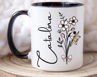 Custom Birth Flower Coffee Mug, Personalized March Cup, Monogram Initial Name, Carnation Mug, Snowdrop Mug, Birth Month Gift, Mothers Day