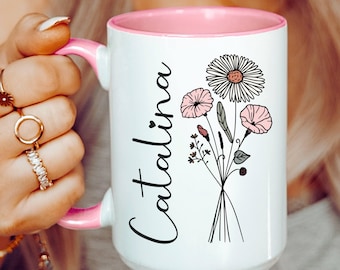 Taza personalizada con flor de nacimiento, taza personalizada de septiembre, taza con monograma y nombre inicial, taza con aster, taza con gloria de la mañana, regalo para el mes de nacimiento, Día de la Madre
