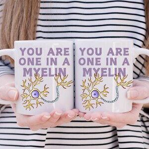 May include: Two white ceramic mugs with the text "YOU ARE ONE IN A MYELIN" in purple. Each mug features a yellow and blue neuron illustration. The mugs are held by a person.