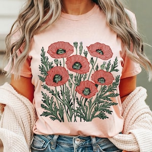 Camisa vintage de amapola, camiseta gráfica de verano, camisa de acuarela con flores silvestres y linograbado, regalo botánico, estilo cottagecore, regalo para mejor amiga