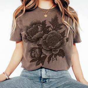 Comfort Colors® Vintage Linocut Peony Shirt,  Cottagecore Boho Shirt, Block Print Peonies Shirt, Ranunculus Woodcut Tee, Botanical Shirt