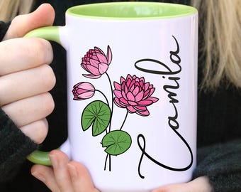 July Birthday Name Mug, Personalized Coquette Birth Flower Mug, Floral Sister Mug, Gift For Mom, Gift For Daughter, Best Friend Gift Mug