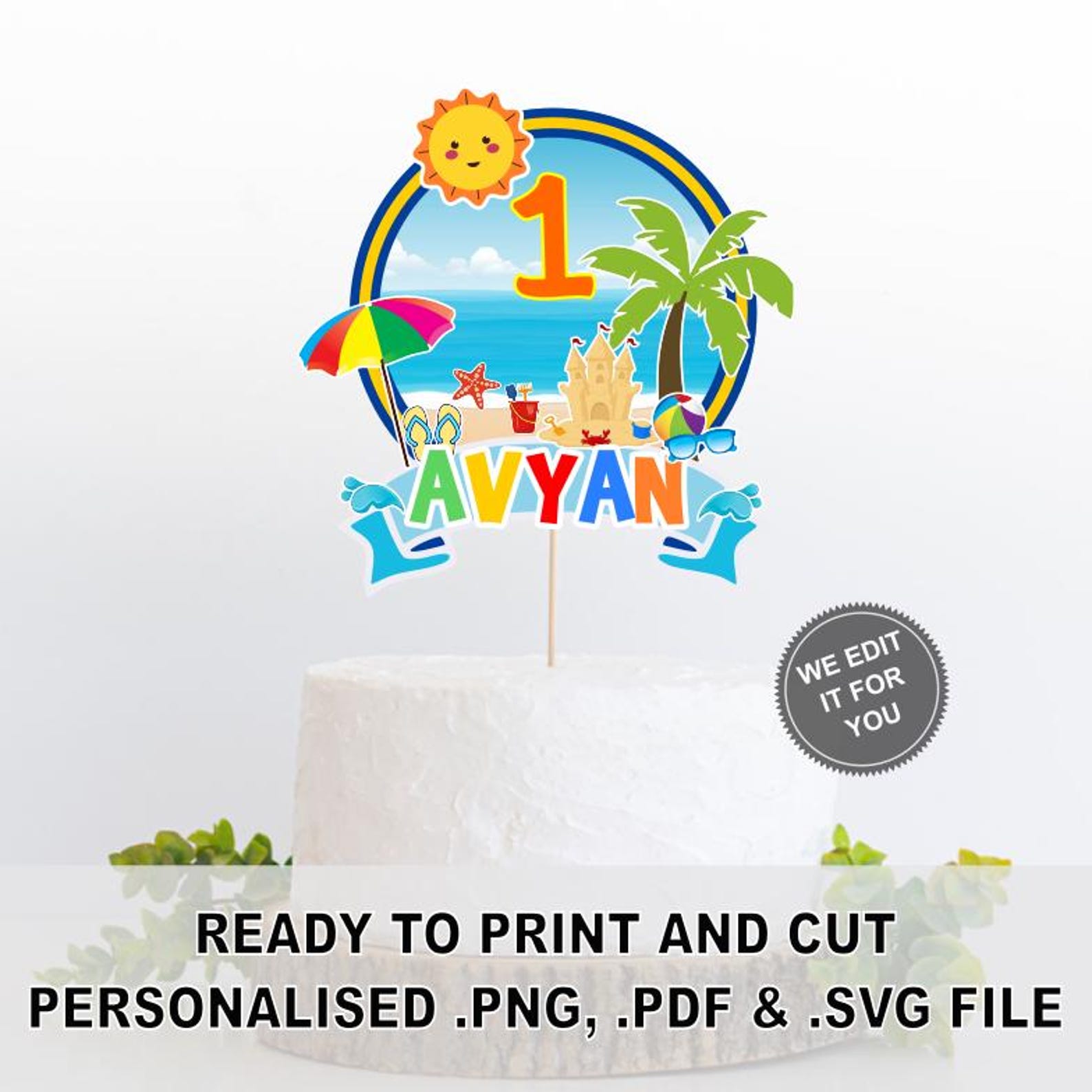 Beach Theme Birthday Cake Topper Digital File – Custom Name &amp; Age ...