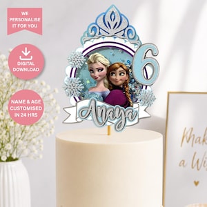 アナと雪の女王テーマのパーソナライズされたケーキトッパー：アナと雪の女王テーマ（PNG、PDF、SVG）デジタルファイルダウンロード、カスタムウィンターパーティーデコレーション