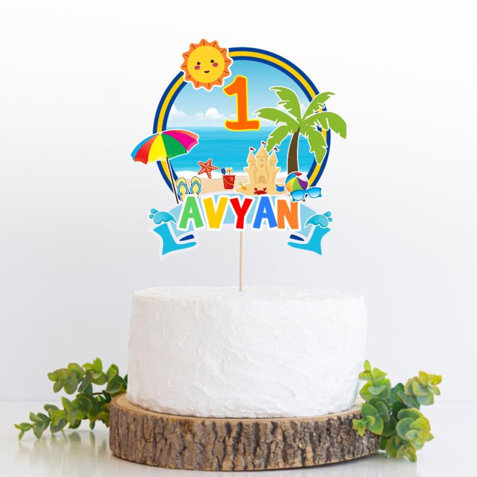 Beach Theme Birthday Cake Topper Digital File – Custom Name &amp; Age ...