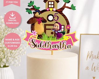 Masha and the Bear Cake Topper, Personalized Name Age, Custom Birthday Cake Topper PNG PDF SVG, Girl Birthday Decor, Digital Download