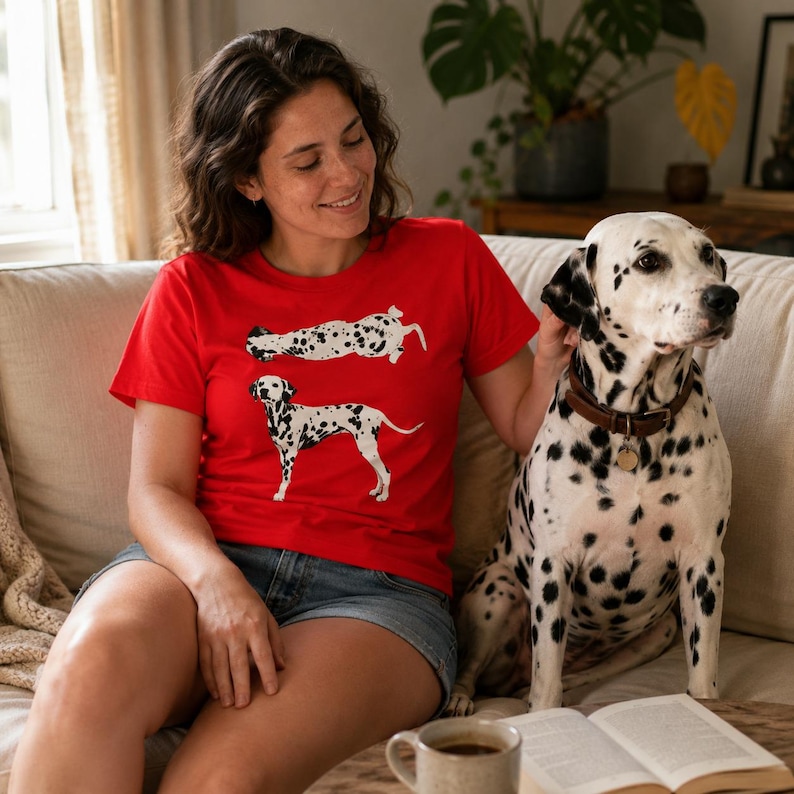 May include: A bright red short-sleeved t-shirt featuring two graphic illustrations of a Dalmatian dog. One dog is depicted in a standing profile view, while the other is shown in a horizontal position above it, both displaying black spots.