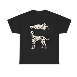 May include: A black short-sleeved t-shirt featuring a graphic print of a Dalmatian dog. The design includes two illustrations of the dog: one standing in a profile view and another positioned above it in a horizontal, lying-down orientation.
