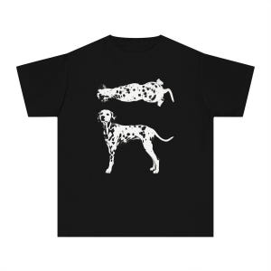 May include: A black short-sleeved t-shirt featuring a white graphic print of a Dalmatian dog. The design displays the dog in two positions: one standing in profile facing left and another shown from a top-down perspective above it.