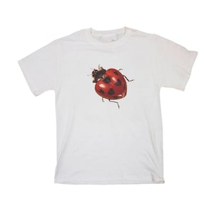 Op de afbeelding: Wit T-shirt met een gedetailleerde illustratie van een lieveheersbeestje. Het lieveheersbeestje is rood met zwarte stippen en een zwarte kop. Het T-shirt is gemaakt van witte stof en heeft korte mouwen.