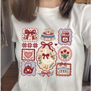 Cottagecore Goose Patchwork TShirt |  Vintage Duck Teacup Jam Jar Bow Tee | Coquette White Shirt | Gift for Goose Lover & Crafter Top