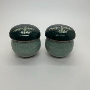 May include: Two ceramic mushroom-shaped containers. The lids are dark green with a white leaf design. The bodies are a light green with a floral pattern. The containers are side by side against a white background.