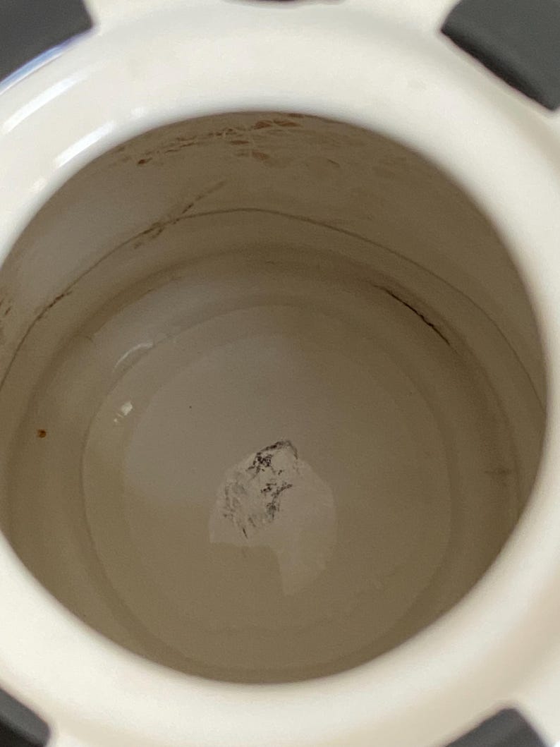 以下が含まれることがあります： 白いセラミック容器の内部をクローズアップ。広い開口部があります。内側は薄いベージュ色で、いくつかの暗いマークと底に暗い斑点があります。容器の縁には白と黒のデザインがあります。