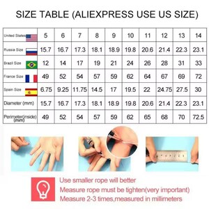 May include: A ring size chart, titled "SIZE TABLE (ALIEXPRESS USE US SIZE)". It displays ring sizes for the United States, Russia, Brazil, France, and Spain, with diameter and perimeter measurements in millimeters. Instructions are also included.