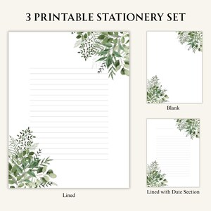 Printable Stationery Set – 3 Pages – Lined, Blank – Plant Design – Letter, A4, A5 Sizes – Green Plant 1 – Instant Download