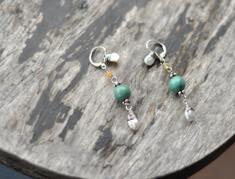 Kieshi freshwater pearls turquoise and etheopian yellow sparkling opal earrings on sterling silver