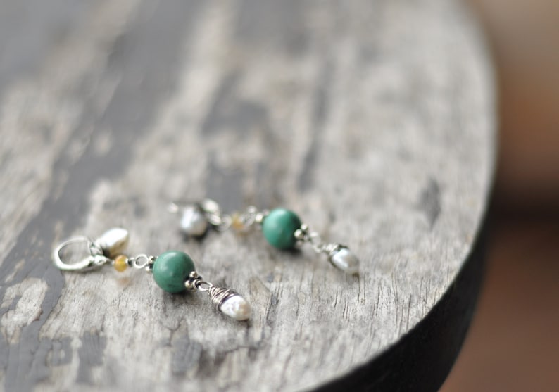 Kieshi freshwater pearls turquoise and etheopian yellow sparkling opal earrings on sterling silver