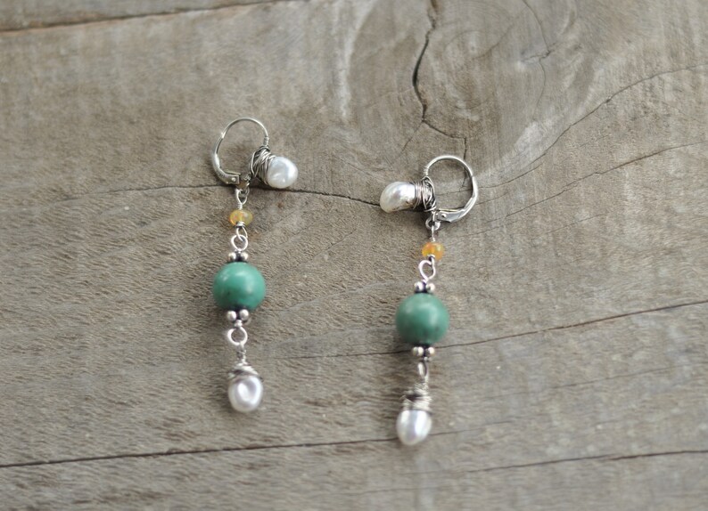Kieshi freshwater pearls turquoise and etheopian yellow sparkling opal earrings on sterling silver
