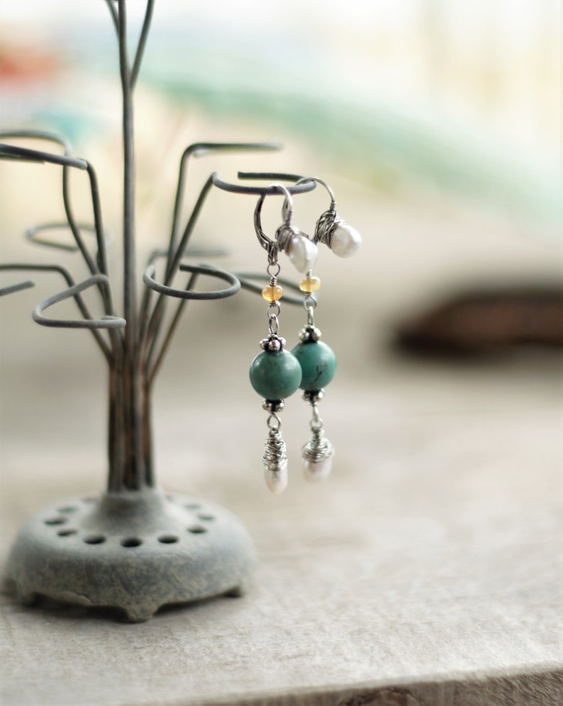 Kieshi freshwater pearls turquoise and etheopian yellow sparkling opal earrings on sterling silver