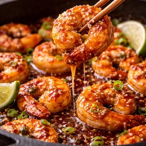 May include: A close-up shot of glazed prawns in a pan, with one prawn being held by chopsticks. The prawns are coated in a shiny, amber sauce and sprinkled with sesame seeds and spring onions. Lime wedges are visible.