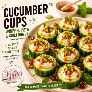 Könnte beinhalten: Gurkenschiffchen mit geschlagenem Feta und Chili-Honig, garniert mit Pistazien und Kräutern. Der Text lautet "Cucumber Cups" und "Easy to make. Hard to resist."