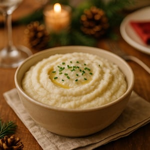 May include: A beige bowl filled with creamy mashed potatoes, garnished with chives and a dollop of butter. The bowl sits on a beige linen napkin, with a lit candle and pine cones in the background, creating a warm, inviting scene.
