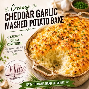 May include: A baked dish of creamy cheddar garlic mashed potatoes. The dish is in a ceramic baking dish, garnished with green herbs. Text on the image reads "Creamy Cheddar Garlic Mashed Potato Bake" and "Easy to make. Hard to resist."