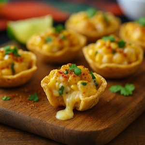 Op de afbeelding: Een houten snijplank toont verschillende mini-maïs-kaas-taartjes. De taartjes hebben een goudbruine, knapperige schil gevuld met een romige, gele vulling, gegarneerd met groene kruiden en rode kruiden. Een limoenwig is zichtbaar op de achtergrond.