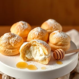 Pode incluir: Close-up de profiteroles polvilhados com açúcar de confeiteiro, um cortado para revelar um recheio cremoso. Mel e um pegador de mel de madeira também são visíveis no prato branco. Os doces são dourados.