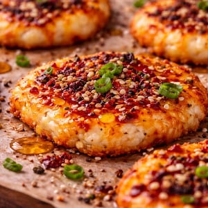 Può includere: Primo piano di diversi alimenti rotondi, marrone dorato, possibilmente fritti, conditi con una salsa rossa, semi di sesamo e cipolline tritate. Il cibo è su carta da forno, con goccioline d'olio visibili.