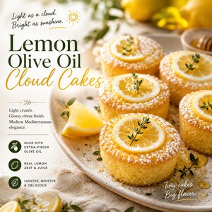 May include: A plate of lemon olive oil cloud cakes, each topped with a lemon slice and sprig of herbs. The cakes are dusted with powdered sugar. The image includes text that reads "Lemon Olive Oil Cloud Cakes" and "Tiny cakes. Big flavor."