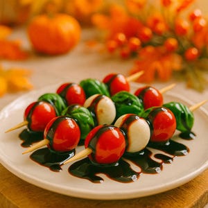 Puede incluir: Un plato de aperitivos con brochetas de tomates cherry, bolas de mozzarella y hojas de albahaca. Las brochetas están rociadas con un glaseado balsámico oscuro. El plato está sobre una superficie de madera, con un fondo borroso de follaje otoñal.