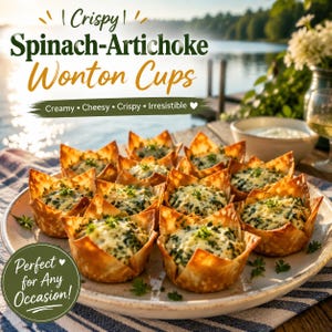 Krokante spinazie-artisjokwontonkopjes Receptkaart pdf – Cheesy Party Appetizer – Direct downloaden