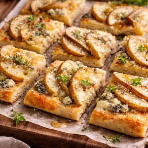 May include: Close-up of several rectangular flatbreads topped with sliced pears, blue cheese, and herbs. The flatbreads are arranged on a wooden surface, showcasing a rustic and appetizing presentation. The colors are warm and inviting.