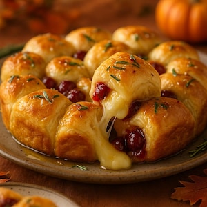 Könnte beinhalten: Ein gebackener Appetizer mit goldbraunen Brötchen, die kreisförmig angeordnet sind und mit geschmolzenem Käse und Preiselbeersauce gefüllt sind. Mit Rosmarinzweigen garniert, liegt das Gericht auf einem braunen Teller und deutet auf ein festliches Essen hin.