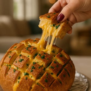 Puede incluir: Un pan redondo, cortado en cuadrados y relleno de queso fundido, con un trozo que se separa. El pan es dorado, con hierbas verdes espolvoreadas. El queso se estira en largos hilos pegajosos.